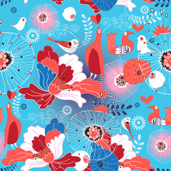 Seamless floral pattern in love birds