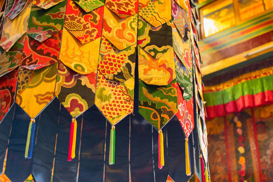 Buddhist thangka - a Tibetan Buddhist painting on cotton, or silk applique - in a monastery in Ralong, Sikkim, India