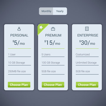Web menu Plan Pricing with three optional subscription model and button