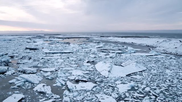 Frozen glaciers in Iceland, aerial shot