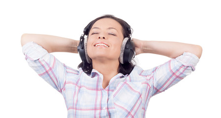 Happy Smiling Beautiful Young Woman Listening Music with Headphones