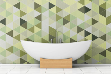 Modern White Bathtube in front of Olive Green Geometric Tiles in Bathroom. 3d Rendering