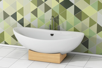 Modern White Bathtube in front of Olive Green Geometric Tiles in Bathroom. 3d Rendering