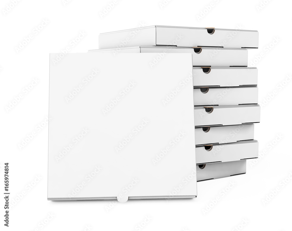 Poster stack of white blank cardboard pizza boxes. 3d rendering