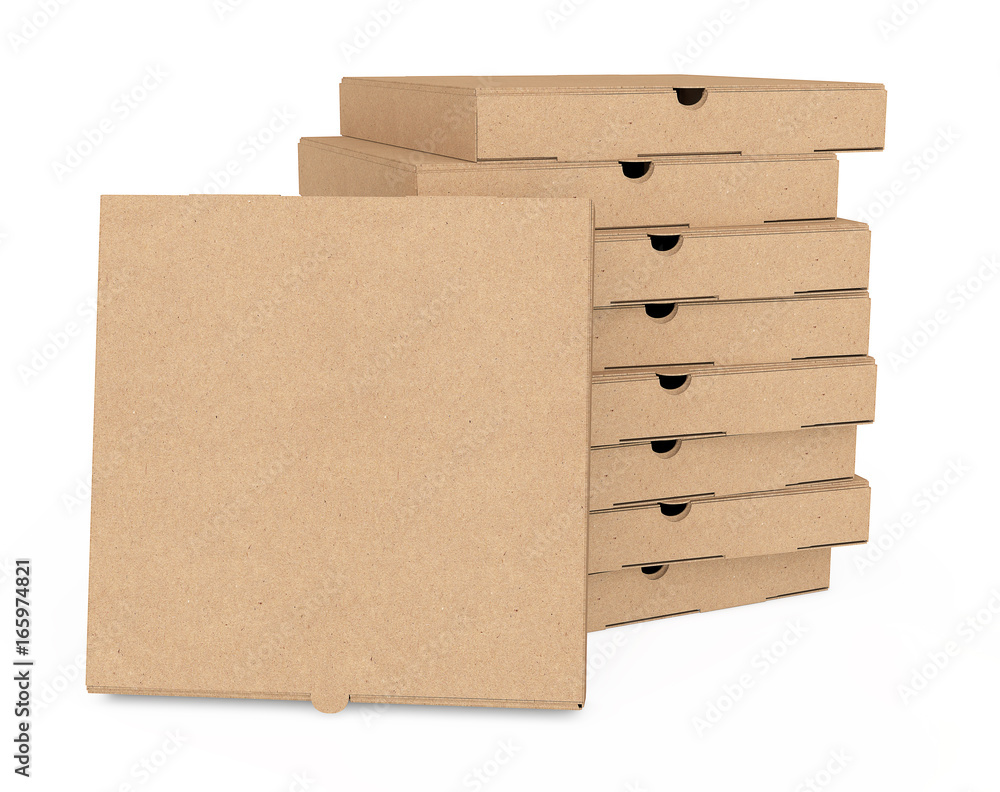 Poster stack of blank cardboard pizza boxes. 3d rendering