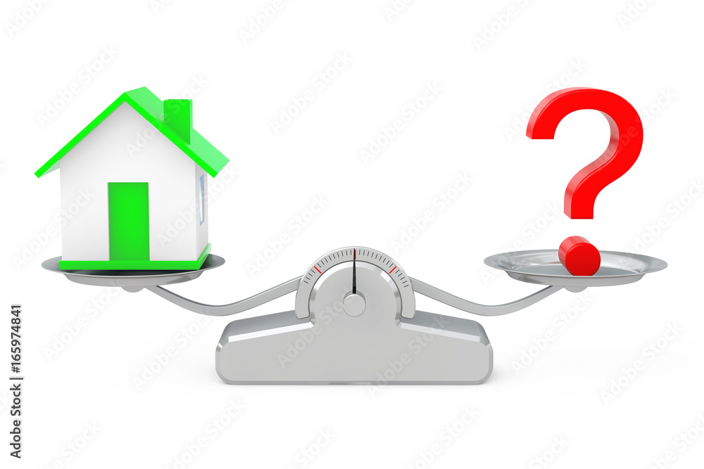Poster House with Question Mark Balancing on a Simple Weighting Scale. 3d Rendering