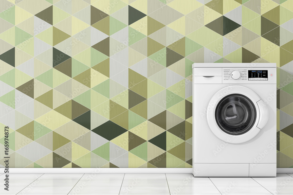 Poster modern white washing machine in front of olive green geometric tiles. 3d rendering