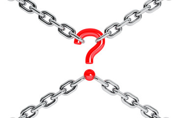 Red Question Mark as One of Chrome Chains Links. 3d Rendering