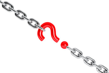 Red Question Mark as One of Chrome Chains Links. 3d Rendering