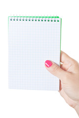 Woman Hand Holding Blank Spiral Notepad.