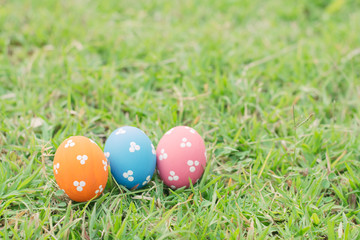 Colorful easter eggs on green grass