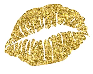 Weiblicher Goldglitter-Lippenstiftkuss lokalisiert auf weißem Hintergrund. © GLandStudio