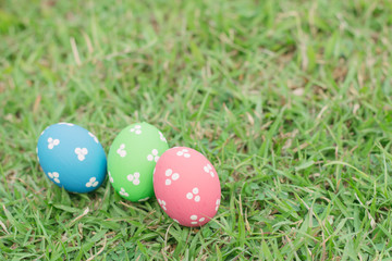 Colorful easter eggs on green grass