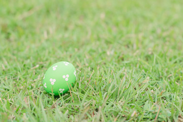 green color easter eggs on green grass