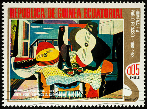 Painting Mandolin and guitar by Picasso on postage stamp