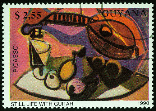 Painting Still Life with Guitar by Picasso on postage stamp