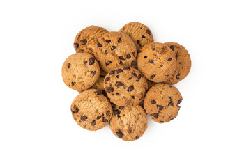 homemade chocolate chips cookies on white in top view