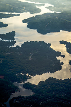 flying over lake norman north carolina in morning