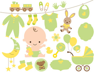 Cute baby and baby items in green and yellow vector illustration set.