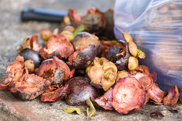 Piles of mangosteen peels.
