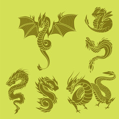 Fototapeta premium Chinese dragon silhouettes tattoo mythology tail monster magic icon asian animal art vector illustration.
