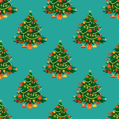 Pine tree cartoon green vector winter holiday needle seamless pattern trunk fir plant natural design illustration