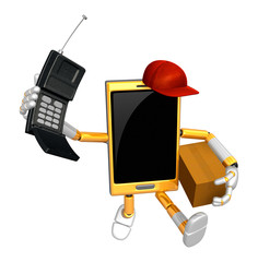 3D Smart Phone Mascot couples holding a courier box and telephone. 3D Mobile Phone Character Design Series.