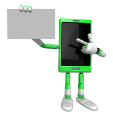 3D Smart Phone Mascot the left hand guides and the right hand is holding a business cards. 3D Mobile Phone Character Design Series.