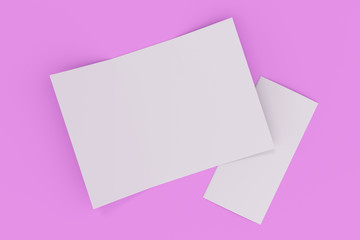 Blank white open three fold brochure mockup on violet background