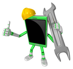 3D Smart Phone Mascot the Right hand best gesture and Left hand is holding a wrench. 3D Mobile Phone Character Design Series.
