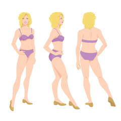 Vector illustration of beautiful woman in underwear on white background. Various turns woman's figure. Front view, side and back view.