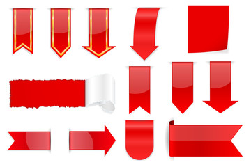 Red arrow stickers with transparent shadow. Collection of labels