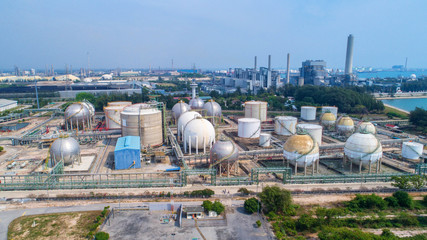 Aerial view Oil refinery .The factory is located in the middle of nature and no emissions. The area...