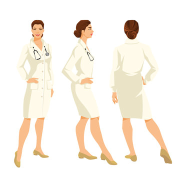 Vector illustration of young woman doctor in formal gown on white background