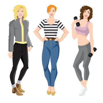 Vector illustration of young woman in different style of clothes. Woman with different hairstyle isolated on white background
