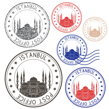 Post office round postmark with Blue mosque. Istanbul, Turkey. Colored collection