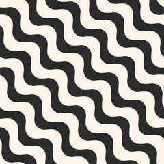Diagonal wavy lines vector seamless pattern. Simple black & white diagonal waves, stripes pattern. Abstract monochrome striped background pattern, repeat tiles. Simple modern design element