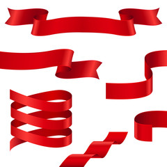 Curled red ribbons. Collection of ribbon banners