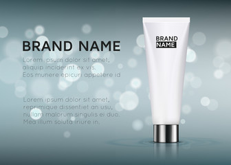 White cosmetic tube mockup on a gray blue background with bokeh. Vector brand illustration for cosmetic ads