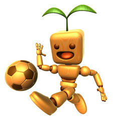 3D Wood Doll Mascot dribbled the ball towards the goal with speed. Wooden Ball Jointed doll Character Design Series.