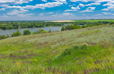 Fototapeta na wymiar Summer landscape with Suha Sura river in Vasylivka village near Dnepr city, central Ukraine