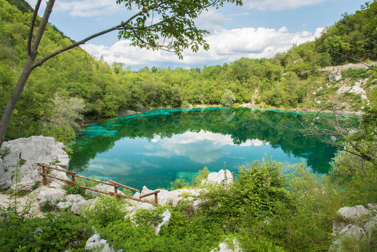 Enchanted Lake. The crystalline waters of Cornino Lake. Friuli