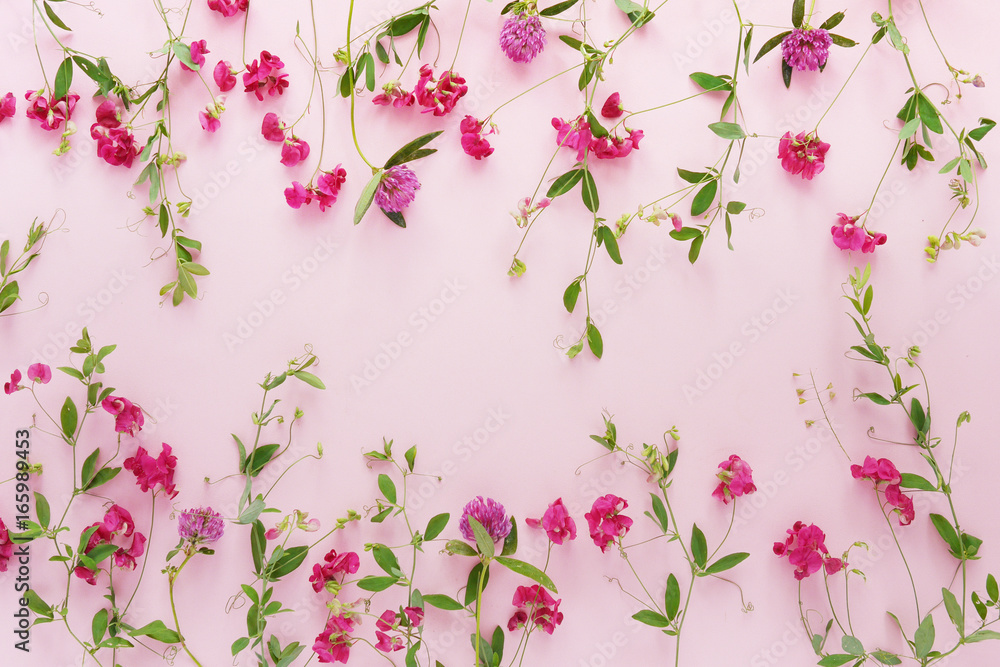 Wall mural pink flowers on a pink background. abstract floral composition. flower pattern. frame of plants and 