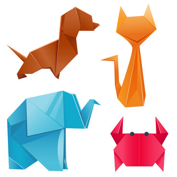 Animals origami set japanese folded modern wildlife hobby symbol creative decoration vector illustration.