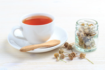 A cup of green tea with chamomile in a jar and a wooden spoon