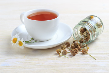 Obraz na płótnie Canvas Green tea in a cup on a saucer with chamomile in a jar