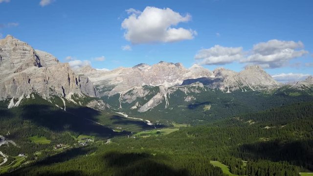 Fantastic landscape on the Dolomites. Drone aerial view on the peaks called Sas Crusc, Lavarela, Conturines, Pizes de Fanis and Lagazuoi. Place is Alta Badia, Sud Tirol, Italy