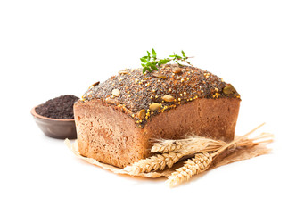 Homemade  wholemeal rye bread with poppy seeds isolated on white