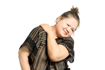 portrait of a mature woman having a shoulder pain. Isolated on white background with clipping path