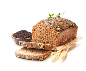 Homemade  wholemeal rye bread with poppy seeds isolated on white